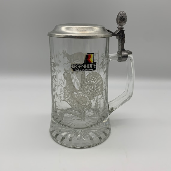 Regenhutte Heavy Glass Stein, Etched Wildlife Design with Silver Colored Hinged Lid, West Germany, Marked 95% ZINN Under Lid
