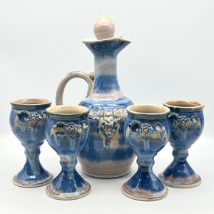 Greg Olson Art Studio Pottery Grapes Pitcher and 4 Goblets