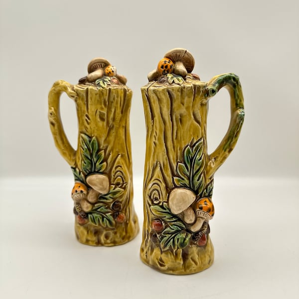 Lefton Woodland Forest Mushroom Salt & Pepper Shakers with Handles, Made in Japan, 1970