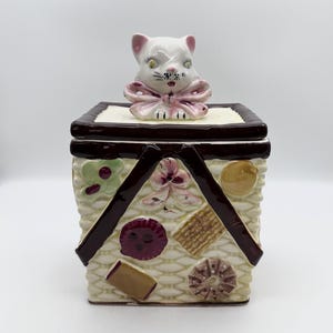 Vintage Kitten & Cookies Cookie Jar: Ceramic Basketweave Picnic Basket, Made in Japan