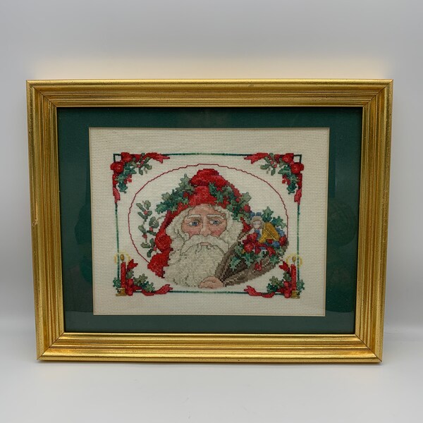 Vintage Santa Cross Stitch, Needlepoint, Framed and Matted, Gold Frame