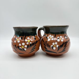 Mexican Clay Pottery, Made in Mexico, Handpainted Mugs, Set of 2