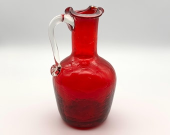 Small Amberina Crackle Glass Pitcher with Clear Applied Handle, 4 7/8” tall