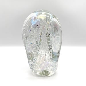 May include: A clear glass paperweight with iridescent bubbles and swirls.