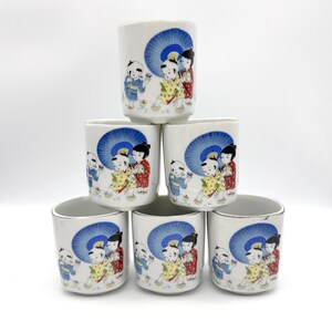 Porcelain Japanese Sake/Tea Cups, Asian Design, Set of 6