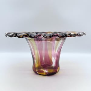 Amethyst and Amber Ruffled Fused Glass Top Hat Style Vase, 4 3/4&quot; tall
