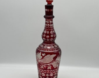 Bohemian Ruby Flash Etched Glass Decanter, 13 1/2" Tall