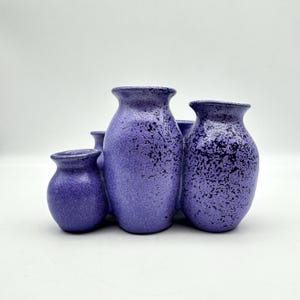 May include: A cluster of five ceramic vases in varying sizes, all in a speckled purple glaze. The vases have a classic shape with a rounded body and a narrow neck. The speckled pattern adds visual interest.