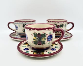 Talavera Cup and Saucer Mexico Pottery Set, Handpainted, Set of 3