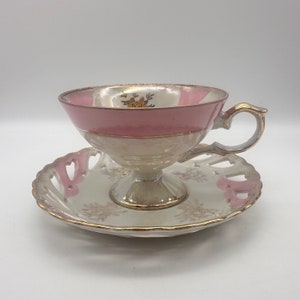 Pink, White & Gold Lusterware/Iridescent Cup and Reticulated Saucer, Made in Japan