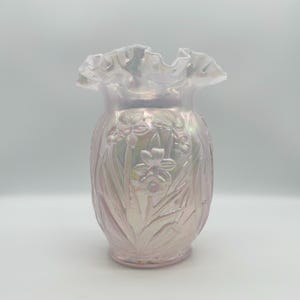 Vintage Fenton Daffodil Vase, Opalescent Pink, Iridized, Ruffled Edge
