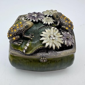 Bejeweled Frog Trinket Box with Rhinestones, Enamel over Metal, 2” tall