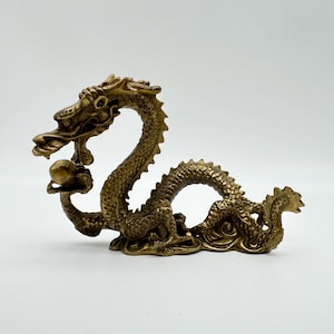 Chinese Brass Dragon Figurine, Feng Shui Decor, 2 5/8” tall