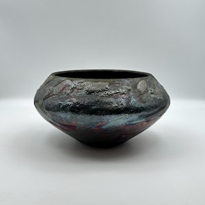 Abstract Glazed Raku Pottery Vase with Burgundy Finish, 8 1/4" round