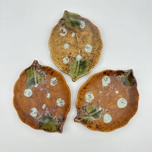 Ceramic Leaf Appetizer Plates, Hand Painted Pottery, Set of 3, 6” x 4 1/2”
