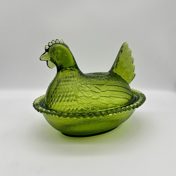 Indiana Glass Hen on a Nest, Covered Dish, Avocado Green, Beaded Basket