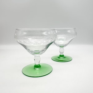 Tiffin Franciscan Needle Etched Uranium Glass Sherbet Glasses, Set of 2
