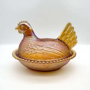 Indiana Glass Hen on a Nest, Covered Dish, Carnival Amber Iridescent, Beaded Basket