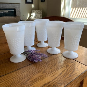Set of 5 Vintage 8 oz Milk Glass Embossed Grape Pedestal Goblets/Tumblers