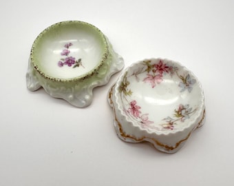 Porcelain Open Salt Dip/Salt Cellar, Handpainted Floral, Set of 2