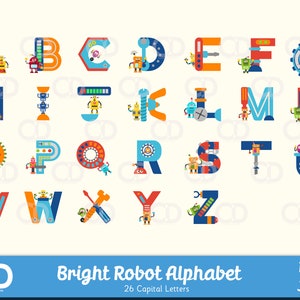 Color brillante Robot Themed Alphabet - Letras mayúsculas mecánicas - A a Z incluida cada letra es una escena diferente - Alfabeto de sublimación