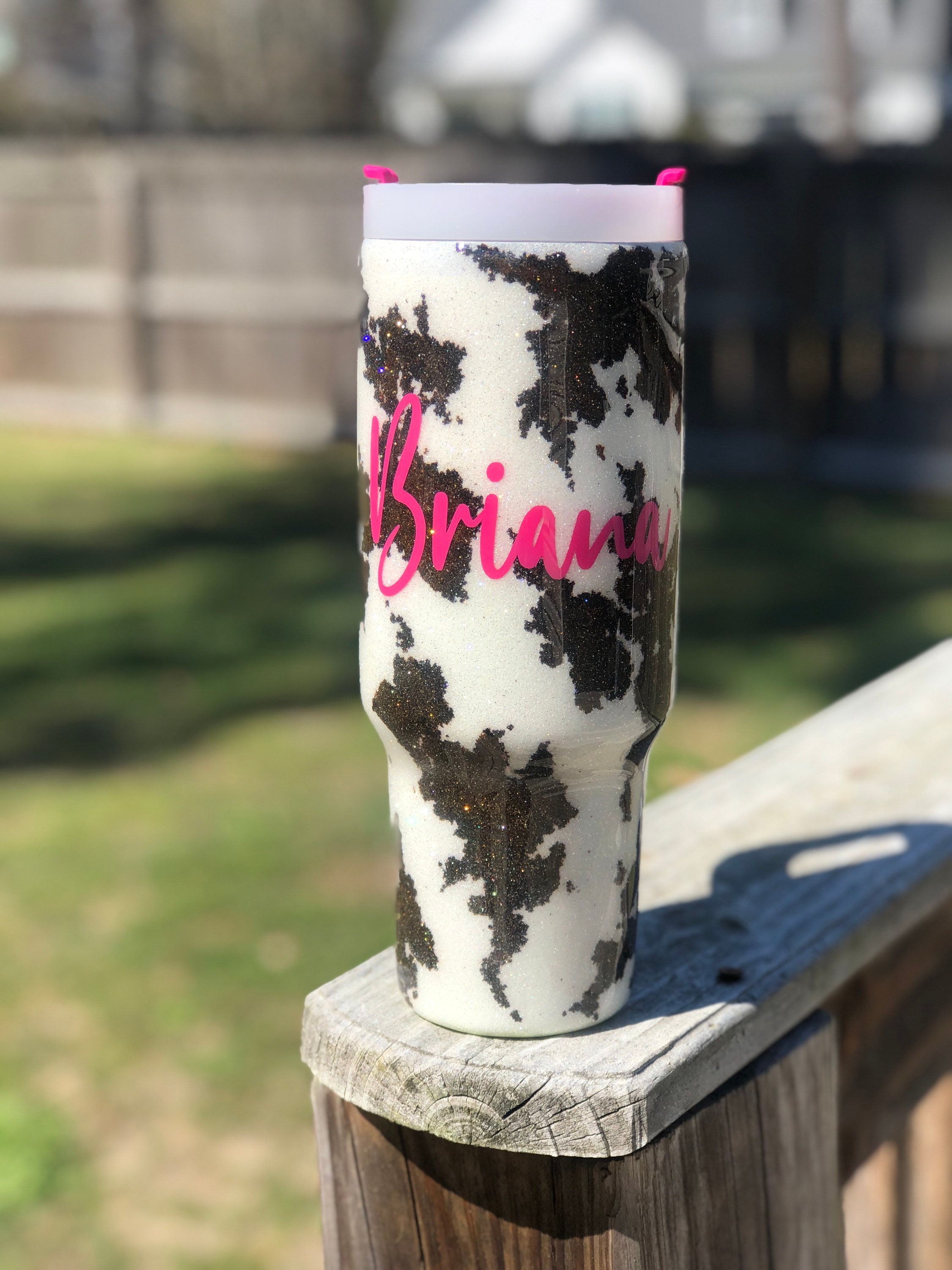 Stanley 40 Oz. Handled Cow Print Tumbler Cowhide Glitter Cup Cow Spot  Monogram Tiktok Farmhouse Western Black, Brown, & White Cow Print 