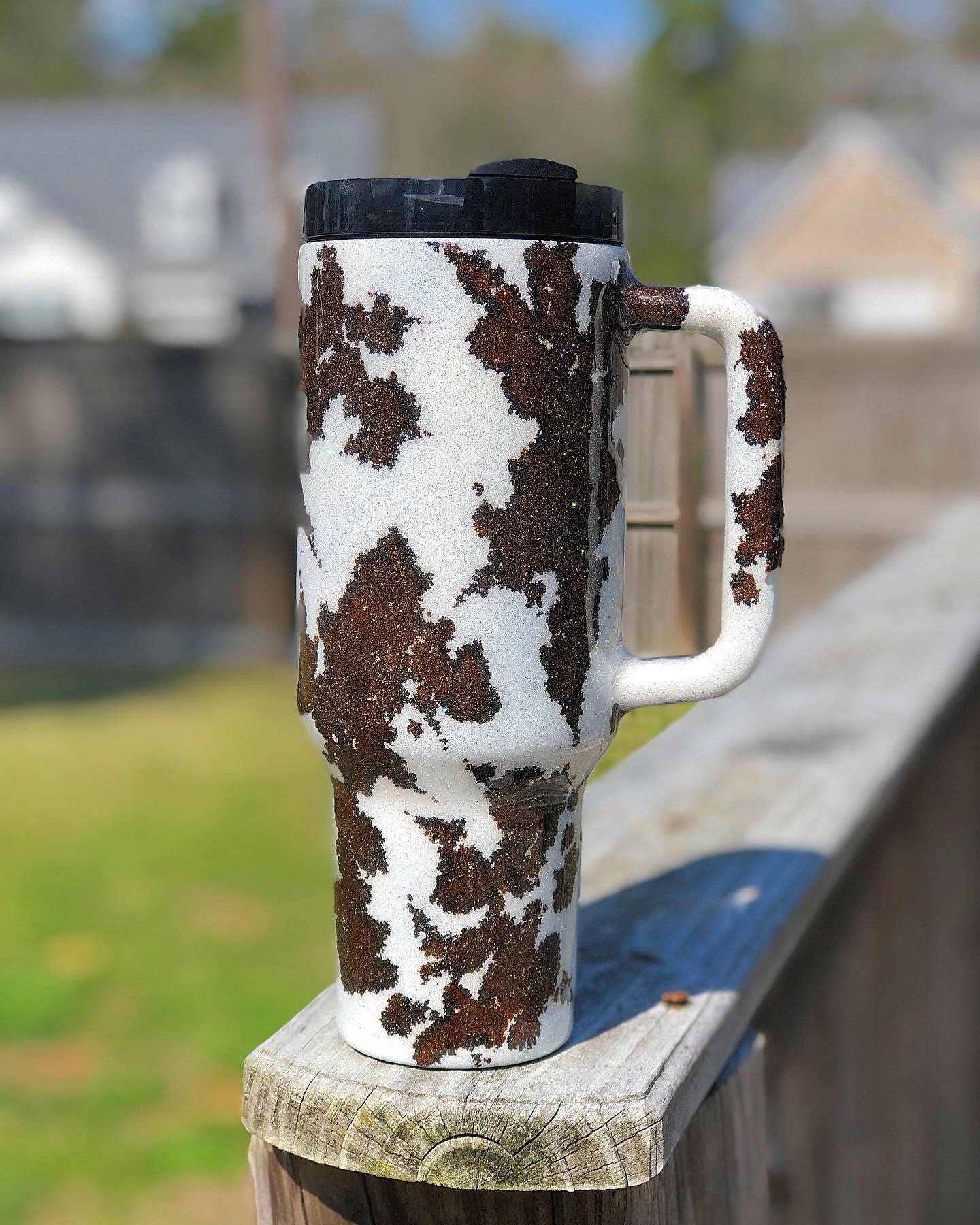 Stanley 40 Oz. Handled Cow Print Tumbler Cowhide Glitter Cup 