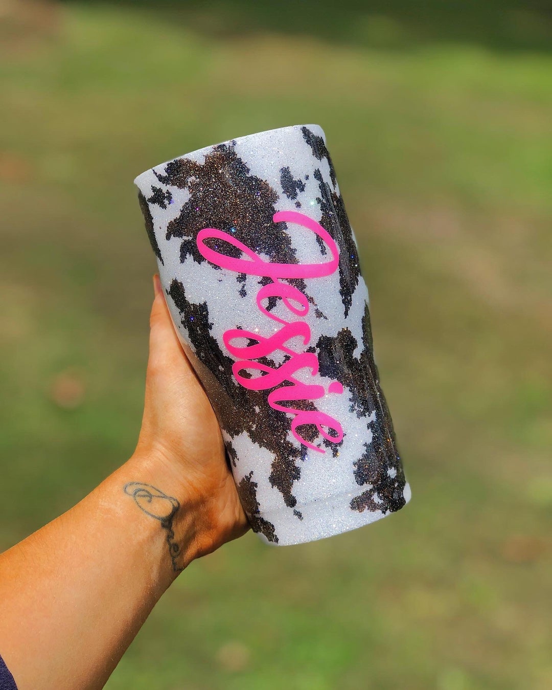 Custom Glitter Cowhide Stanley Tumbler Glitter Cow Print 