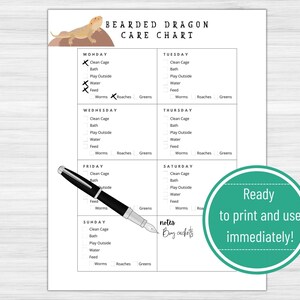 Printable Pet Tracker Template Bearded Dragon Daily Care Chart Feeding Schedule Routine Checklist Reptile Owner Organization Guide PDF Download Teaching Kids Responsibility System Lizard Care Management Track Pet Tasks Monitor Daily Routine