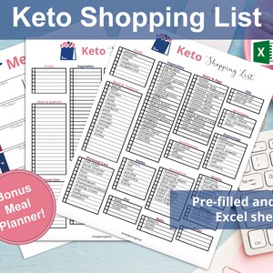 Könnte beinhalten: Drei druckbare Keto-Einkaufslistenvorlagen im Excel-Format. Die Listen umfassen Kategorien für Obst, Gemüse, Fleisch und Meeresfrüchte, Milchprodukte und Eier, Gewürze, Snacks, Nüsse, Getränke, Körperpflege und Haushaltsartikel. Die Vorlagen sind mit gängigen keto-freundlichen Lebensmitteln vorab gefüllt und enthalten auch leere Versionen zur Anpassung.