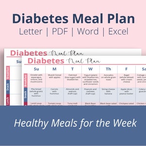 Puede incluir: Un plan de comidas semanal para personas con diabetes. El plan incluye opciones de desayuno, almuerzo, refrigerio y cena para cada día de la semana. Las comidas son saludables y equilibradas, y están diseñadas para ayudar a las personas con diabetes a controlar sus niveles de azúcar en la sangre.