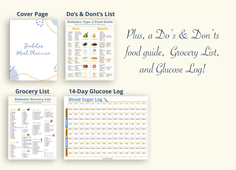 May include: A printable diabetes meal planner, grocery list, and 14-day glucose log. The printable pages are white with blue and yellow accents. The title of the meal planner is "Diabetes Meal Planner". The title of the grocery list is "Diabetes Grocery List". The title of the glucose log is "Blood Sugar Log".
