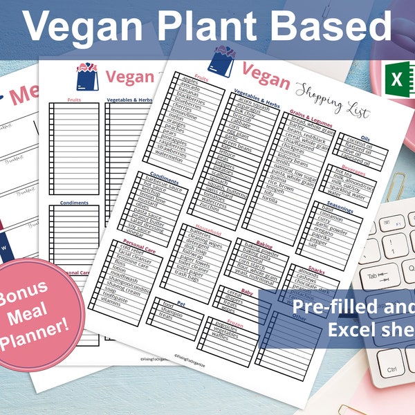 Excel | Vegan Plant Based Grocery List | Vegan Food List | Plant Based Diet