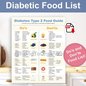 Puede incluir: Un gr&aacute;fico imprimible titulado "Gu&iacute;a de alimentos para la diabetes tipo 2" con una lista de alimentos para comer y evitar para las personas con diabetes. El gr&aacute;fico est&aacute; dividido en categor&iacute;as como verduras, frutas, l&aacute;cteos, prote&iacute;nas, cereales y bebidas. El gr&aacute;fico incluye im&aacute;genes de varios alimentos, como aguacate, ar&aacute;ndanos, leche, pescado, pan y un vaso de agua.
