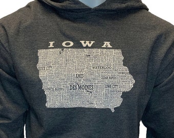 Hometown Iowa Hooded Sweatshirt-Charcoal Heather-Iowa Shirt With State Map- Perfect Iowa Gift!
