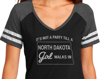 North Dakota Party Girl Short Sleeved V-neck Tee Shirt