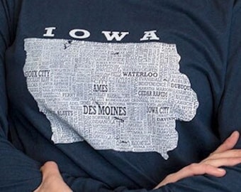 Hometown Iowa Sueded Tee Shirt-Midnight Navy -Iowa Shirt With State Map- Perfect Iowa Gift!