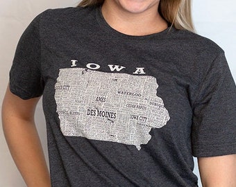 Hometown Iowa Short Sleeve Tee Shirt Crew/V-neck-Dark Grey Heather-Iowa Shirt With State Map- Perfect Iowa Gift!