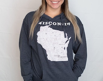 Hometown Wisconsin Hooded Lightweight Sweatshirt-Heather Navy