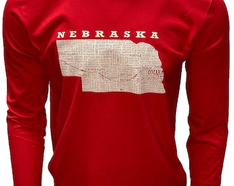 Hometown Nebraska Long Sleeved Tee Shirt-Red or Heather Navy