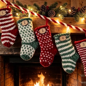 May include: Five knitted Christmas stockings hanging from a red and white twisted rope. Each stocking features a unique pattern in red, white, and green, with a small wooden oval tag numbered one through five attached to the top of each item.