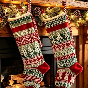 May include: Two knitted Christmas stockings featuring a festive fair isle pattern in red, white, and green. The stockings display intricate designs of pine trees, geometric shapes, and zigzags, each hanging from a red and white striped fabric loop.