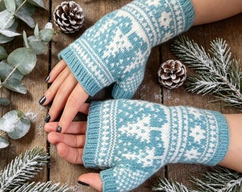 Rękawiczki Snowfall Fairisle Nordic Mitts - wzór na robótki na drutach - rękawiczki bez palców