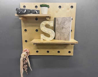 Large Wooden Peg Board Shelf Organizer