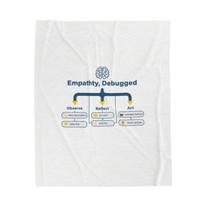 May include: White blanket with the text "Empathty, Debugged" and a diagram illustrating the process of empathy. The diagram includes the steps: Observe, Reflect, and Act, with sub-steps listed below each.
