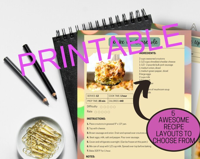 Recipe Book Planner PRINTABLE to keep track of your recipes, great gift for a family member, with 14 printable pages, includes meal planning