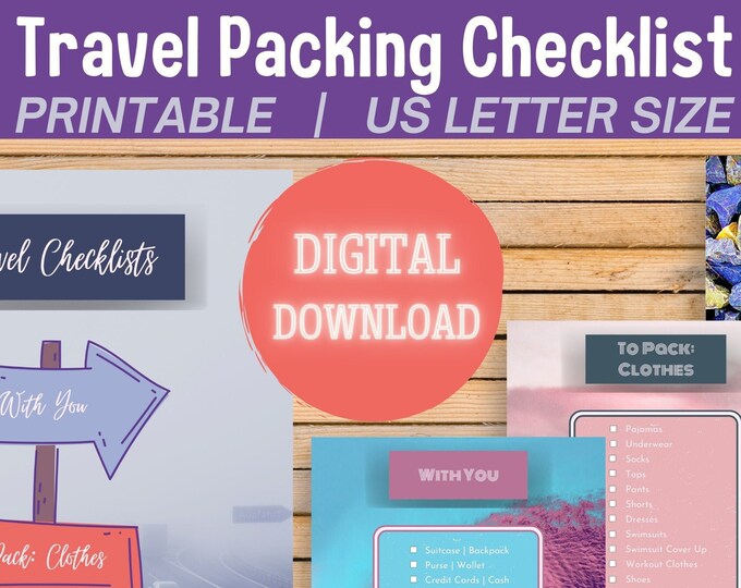 Travel Packing Checklist with pack your bags with clothes packing, personal packing, travel take with me list, travel checklists for luggage