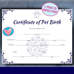 PRINTABLE Pet Birth Certificate 5 Certificates for Dog #39 s/cat #39 s Record