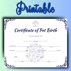 PRINTABLE Pet Birth Certificate, 5 Certificates for Dog's/cat's Record ...