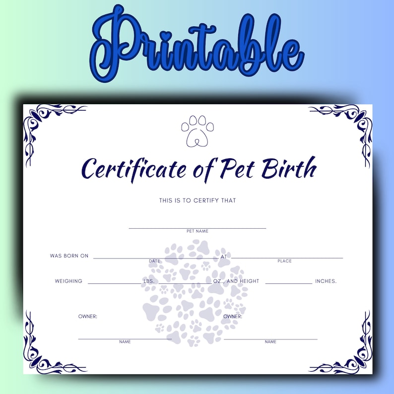 PRINTABLE Pet Birth Certificate, 5 Certificates for Dog's/cat's Record of Birth Print, Fill in ...